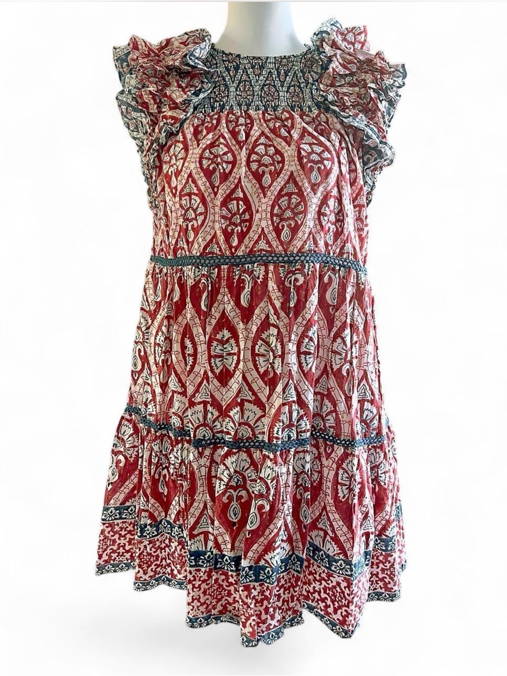 ASH & EDEN Cotton Printed Mini Dress XS Metallic Lurex Ruffle Smocked Boho
